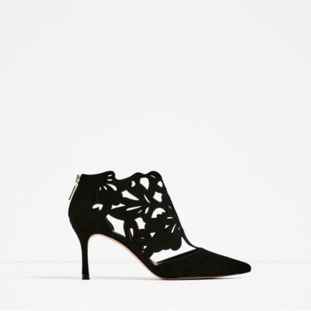 Zara Black Suede Laser Cut heel Bootie
